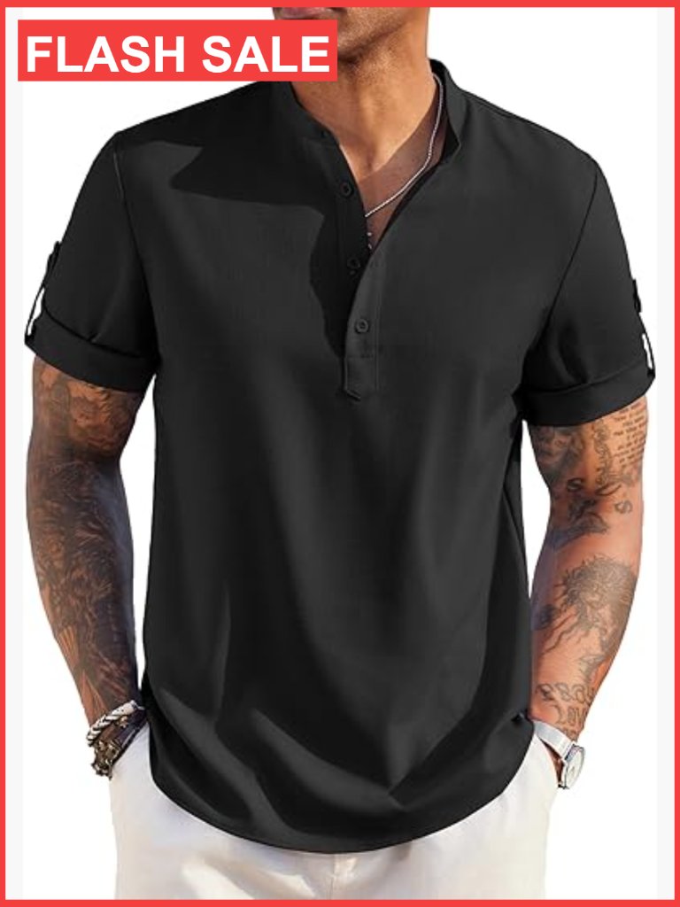 Men's Casual Henley Short Sleeve Shirt Lightweight Linen Blend Beach Tee
